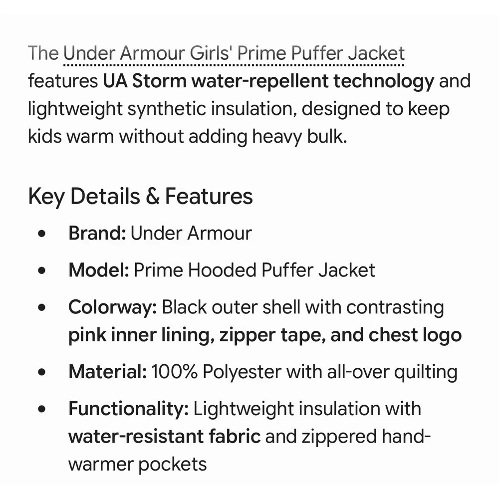 Under Armour Kids 5 Puffer Jacket Black Pink Quilted Hooded Full Zip Insulated
